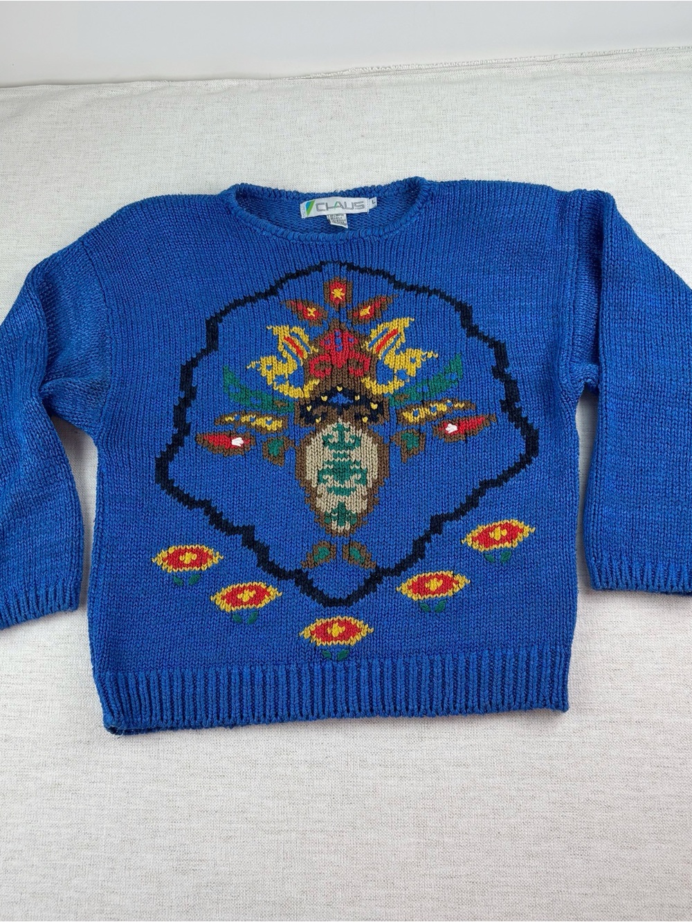 Chaus long‎ sleeve silk blend Sweater with Multicolor Motif women's L heavy knit